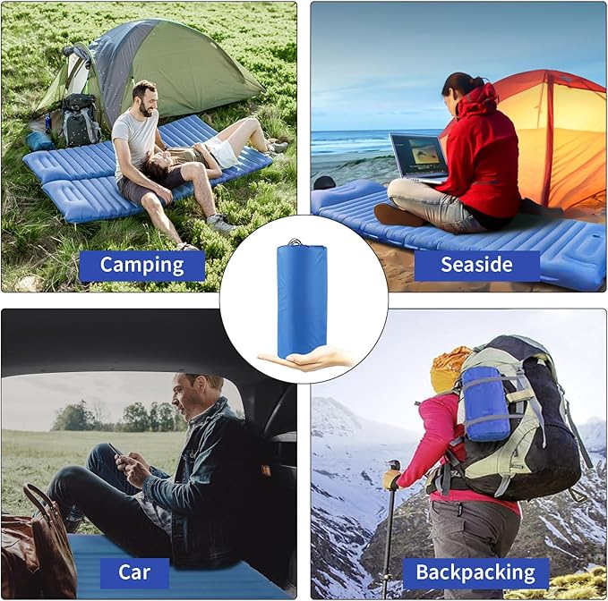 Sleeping Pad for Camping, 4in Thick Camping Air Mattress with Pillow, Camping Bed Sleeping Mat for Backpacking, Inflatable Camping Mat Built-in Pump, 40D+60D 2-Layer Nylon, Holds 400lbs,Repair Kit
