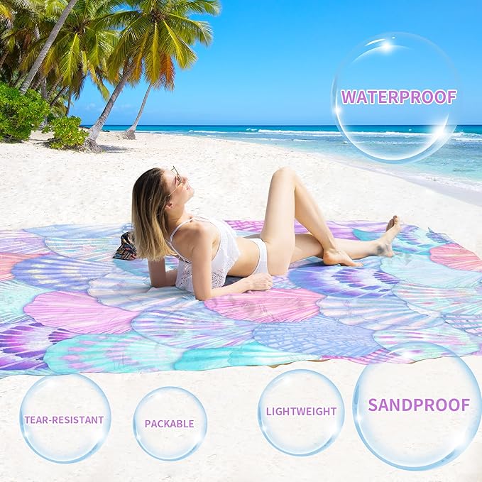 BYDOLL Beach Blanket Sea Shell Sandproof Waterproof 78''×81''1-4 Adults Compact Lightweight Oversized Beach Blanket Large Picnic Mat Blanket for Travel Camping Hiking Picnic
