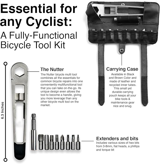 THE NUTTER All in One Bike Tool - Portable Bike Repair Kit with Cycling Multitool and Black Leather Pouch - Specialized Bike Accessories, Bike Tools - Emergency Biking Gear for All Types of Bicycles