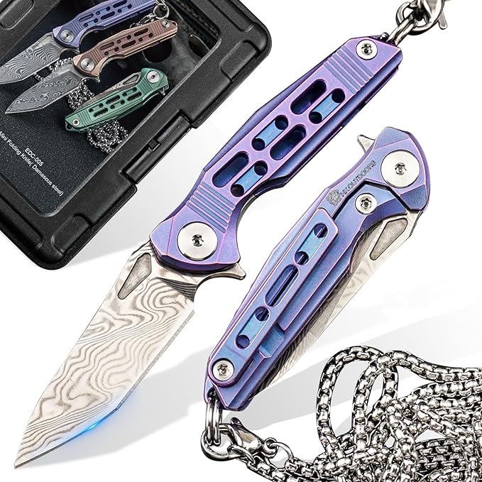 HX OUTDOORS Mini Pocket Knife, High End Damascus Steel Small Folding Knife with Non Slip Titanium Alloy Handle (Blue)