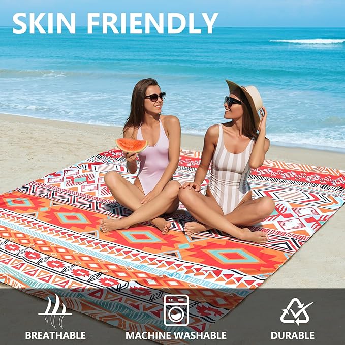 Beach Blanket, Sandproof Beach Mat, Waterproof Quick Drying Lightweight Outdoor Aztec Picnic Mat 79" X 83" for 2-4 Adults with Pocket for Travel, Camping, Hiking