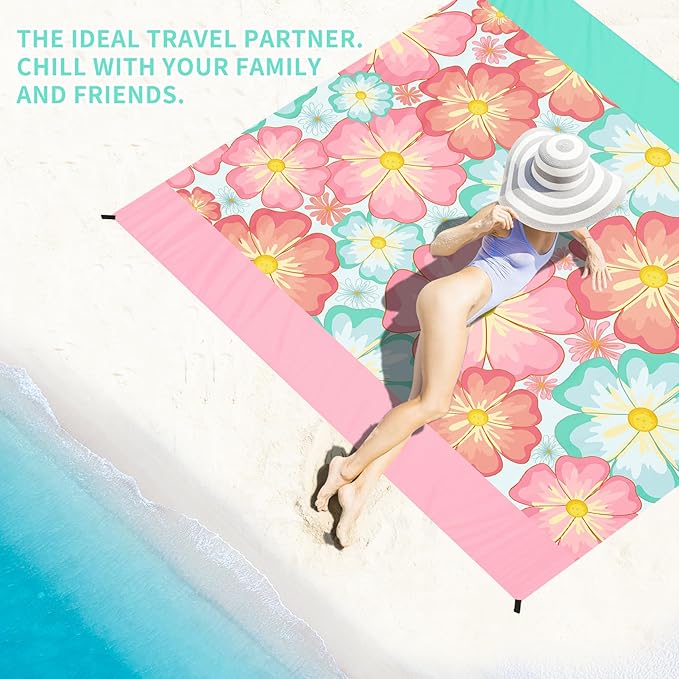 BYDOLL Beach Blanket Sandproof Waterproof Flower 78''×81''1-4 Adults Compact Lightweight Oversized Beach Blanket Large Picnic Mat Beach Blanket for Travel Camping Hiking Picnic
