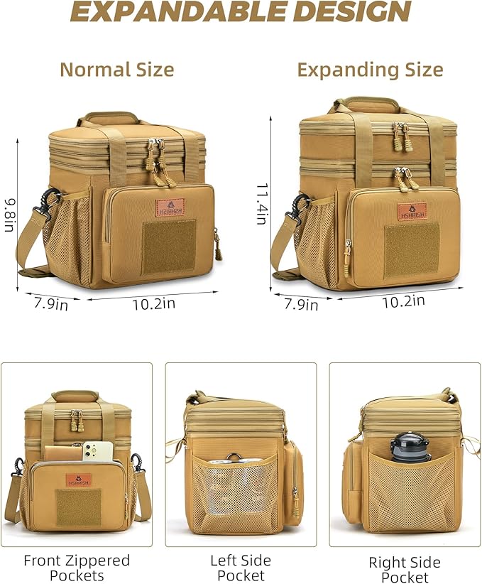 HSHRISH Expandable Large Tactical Lunch Box for Adults, Double Deck Durable Insulated Lunch Bag, Leakproof Cooler Bag Lunch Pail for Men Work Outdoor Picnic Trips, 24Cans/15L(Brown)