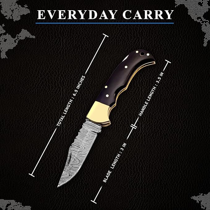 Handmade Damascus Pocket Knife for Men - Thoughtful Husband Present for Anniversaries - 6.5 Inch Folding Knife with Back Lock, Perfect for Camping and Hiking - Damascus Knife with Sheath