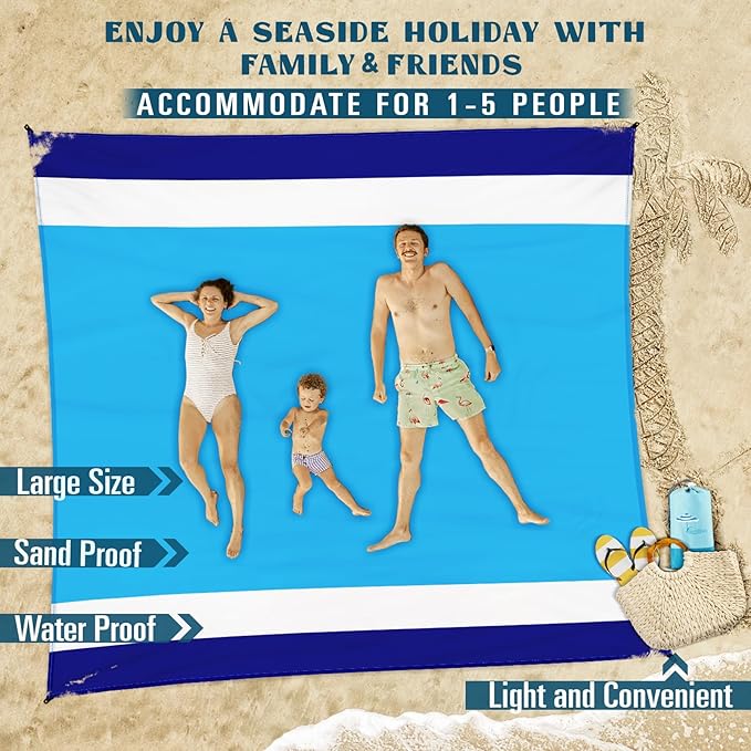 Beach Blanket Sandproof Waterproof 78''×81''1-5 Adults Oversized,Compact Lightweight Durable Beach Mat for Travel Camping Hiking Picnic Blanket