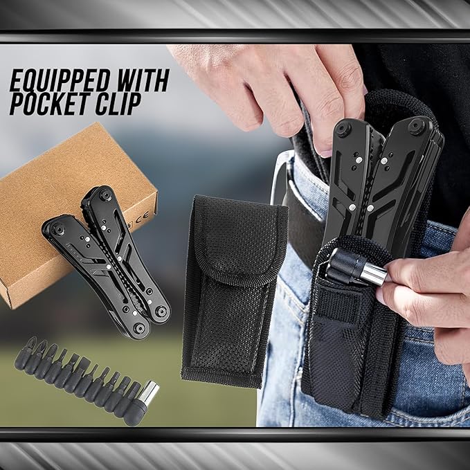 Multitool 12-in-1 with EDC Pocket Folding Knife,Needle Nose Pliers, Wire Stripper, Pocket Clip, Screwdriver Sleeve, Stainless Steel Multi tool Gear for Outdoor, Survival, Camping, Hiking, Repair