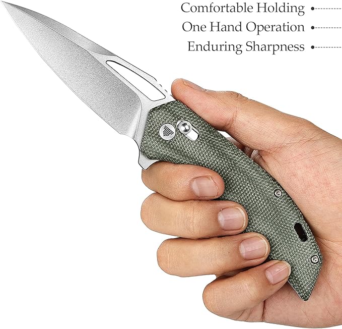 Pocket Folding knife for Men with Clip for EDC Camping Outdoor，3.38" 14C28N Steel Flipper Blade，Micarta Handle for Everyday Carry，Vela-04G