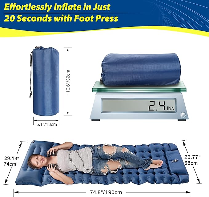 Camping Mattress, Camping Sleeping Pad for Camping, Ultralight Camping Mat with Pillow Built-in Foot Pump Inflatable Sleeping Pads Compact for Camping, Backpacking, Hiking, Traveling, Tent(Blue)