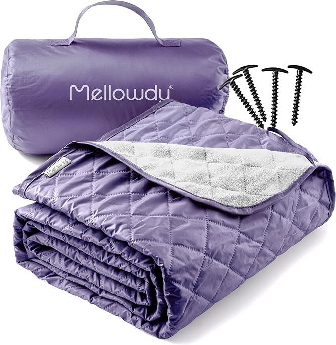 Mellowdy Easy-Carry Outdoor Blanket - Waterproof, Windproof, Warm, Utility Blanket for Camping, Picnic, Stadium, Beach, Gameday, Travel, Foldable with Carrying Bag (Lilac Purple,55x80 inch)