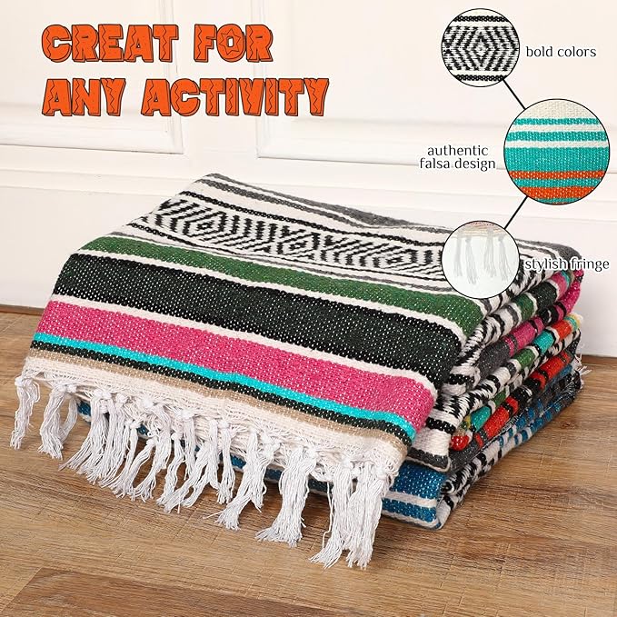 Oudain Mexican Blankets and Throws 45 x 70 Inch, Cotton Outdoor Camping Blanket Woven Serape Yoga Blanket Fiesta Picnic Beach Blankets(Exquisite Color, 3 Pack)