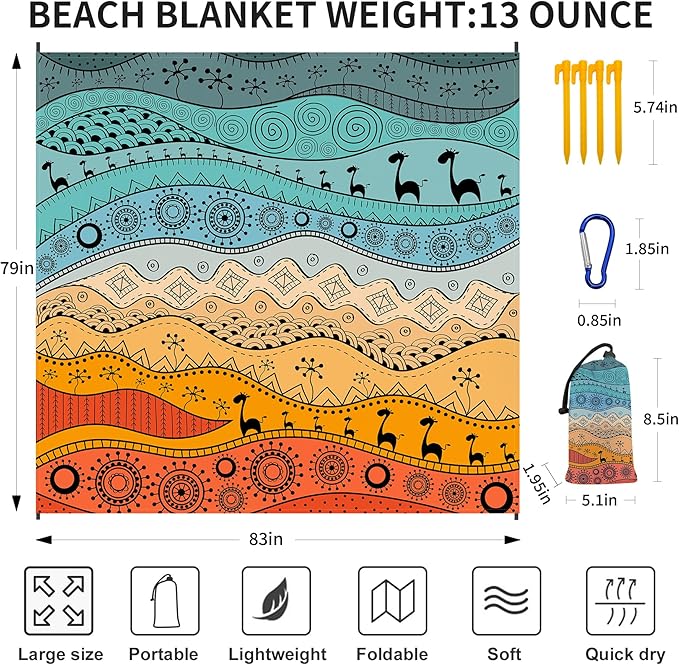 Beach Blanket Waterproof Sandproof 79"x 83" for 1-4 Adults,Quick Drying Beach Mat,Lightweight & Durable,Beach Essentials for Family Beach Camping Travel Picnic(Bohemian)