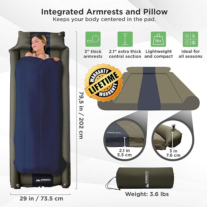 IFORREST Camping Pad with Armrest & Pillow - Self-Inflating Air Mattress - Rollover Protection - Ultra-Comfortable Mat - Lightweight for Tent, Cot, Backpacking(L/XL)