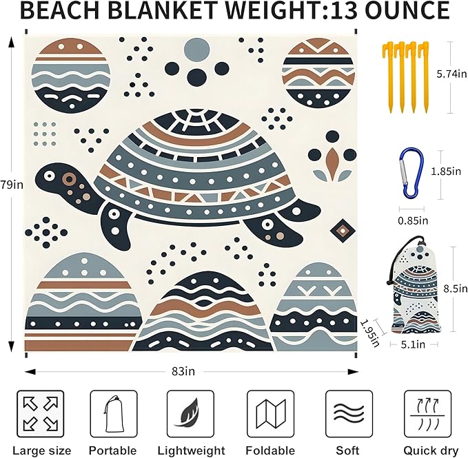 Large Beach Blanket Waterproof Sandproof 79"x 83" for 1-4 Adults,Quick Drying Beach Mat,Lightweight & Durable,Beach Essentials for Family Beach Camping Travel Picnic (Line Turtle)