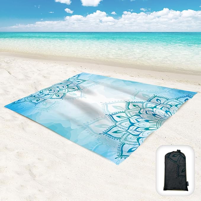Beach Blanket Waterproof Sandproof Oversized 95”x 80”,Sand Free Beach Mat with Corner Pockets,Portable Mesh Bag for Beach Festival,Picnic,Travel and Outdoor Camping (Mandala)