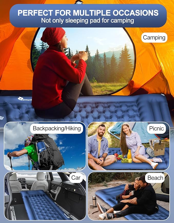 Extra Thick 5 Inch Camping Sleeping Pad - Self Inflating Sleeping Pad with Pillow, Camping Mattress Pad with Foot Pump, Sleeping Pad Mat for Camping Backpacking, Hiking, Traveling (Blue)