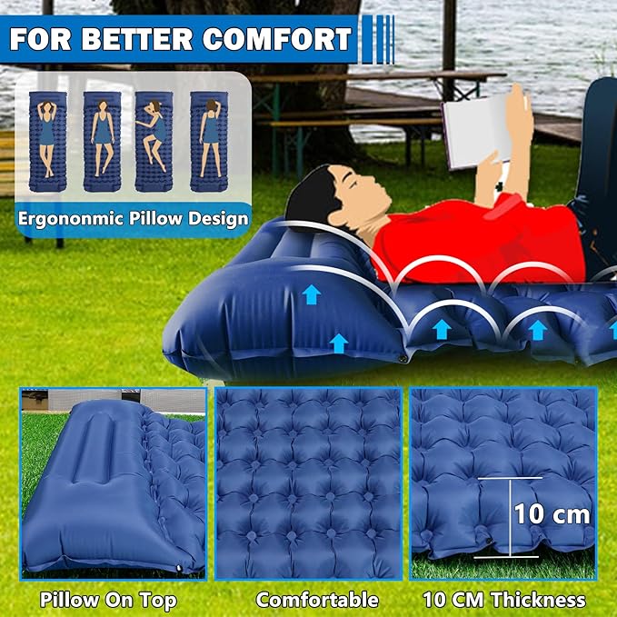 Self Inflating Camping Sleeping Pad, Built-in Foot Pump & Pillow Inflatable Camping Mat Single Air Mattress for Hiking, Camping Mattress Sleeping Pad for Camping Hiking Tent Travel