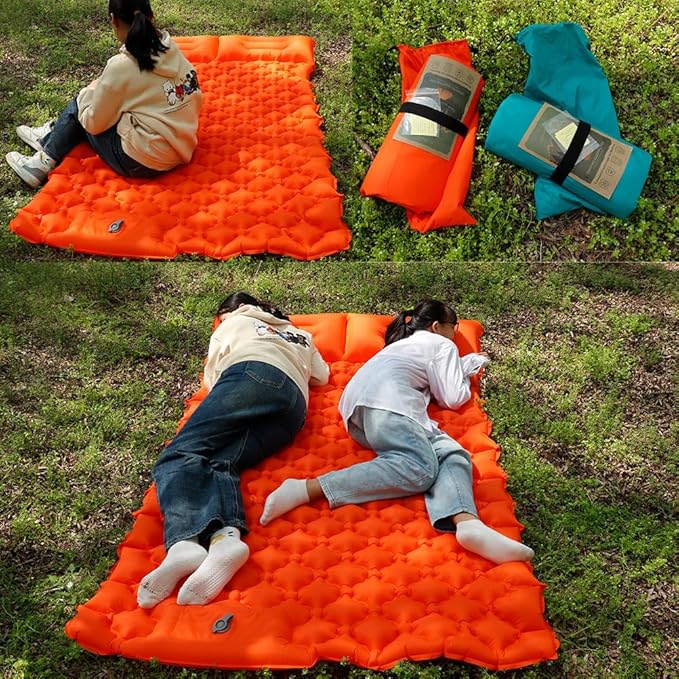 Sleeping Pad for Camping, Inflatable Sleeping Mat with Pillow, Camping Pad with Built-in Foot Pump, Lightweight Camping Mattress Pad for Car Camping, Backpacking, Tent and Hiking (Full (Orange))