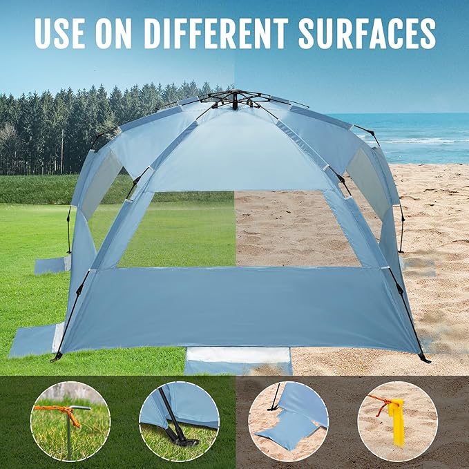WhiteFang Deluxe Pop Up Beach Tent Sun Shade Shelter for 3-4/5-6 Person, UV Protection, Extendable Floor with 3 Ventilating Windows Plus Carrying Bag, Stakes, and Guy Lines