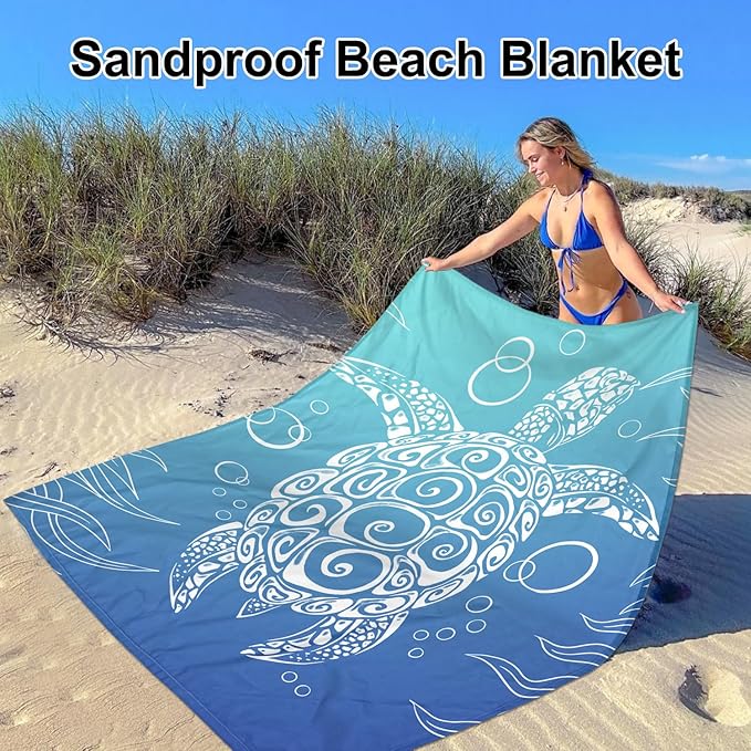 Beach Blanket, Large Waterproof Sandproof Beach Mat 78''×86'' 4 Adults, Lightweight Portable Sand Free Outdoor Beach Accessories with 4 Stakes for Picnic, Travel, Camping - Blue Gradient Sea Turtle