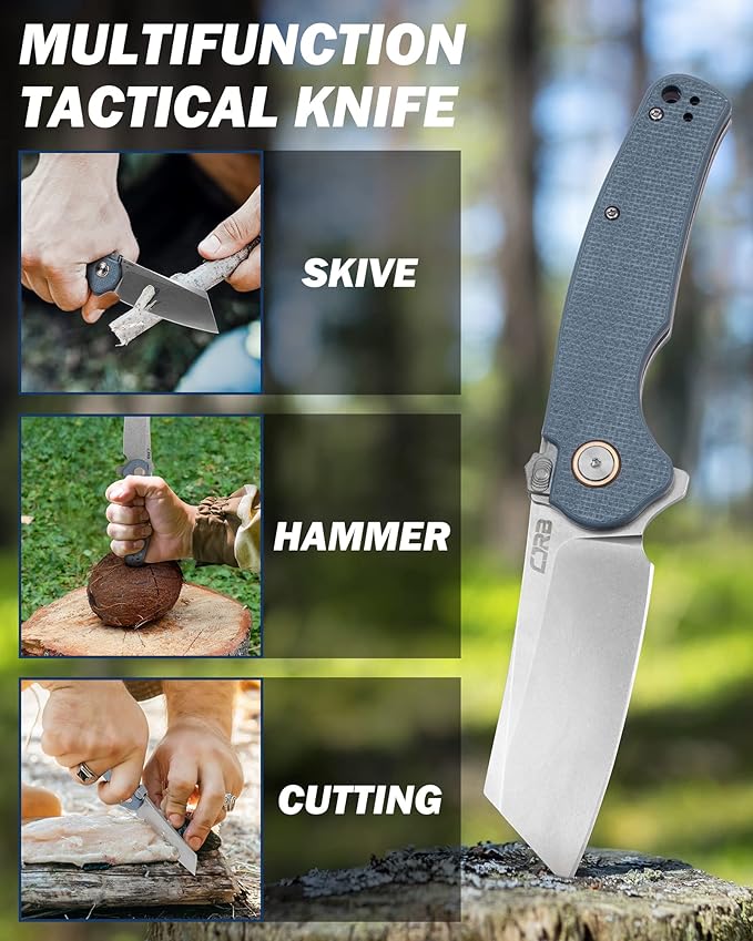 CJRB Crag Tactical Knife,Cleaver Pocket Folding Knife with Stonewash AR-RPM9 Steel Blade and G10 Handle for Men Outdoor, Survival, Camping and EDC (J1904R),Blue