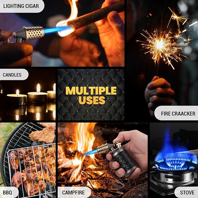 Butane Torch Lighter, Adjustable Refillable Torch Lighters with Safety Lock, Windproof Vintage Antique Lighters with Punch, Blue Jet Flame Cooking Torch for Kitchen/BBQ/Candle/Camping (No Gas)