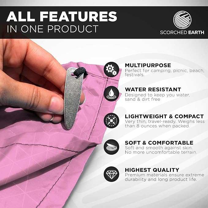 Pocket Blanket for Beach, Travel, Outdoor, Camping, Hiking, Picnic, Festival, Sports - Water Resistant, Compact, Durable Tarp - Corner Pockets, Bag, Built in Stakes (Rose Pink, 60x55)