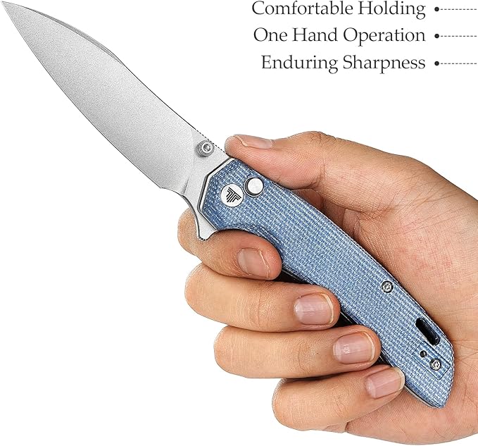 Button Lock Folding Pocket Knife for Men, EDC Flipper Knives with Clip for Camping Tool，3.54" 14C28N Nussmuk Blade & Micarta Hanlde，Thumb Stud，Survive Outdoor Gift.Aur-04L
