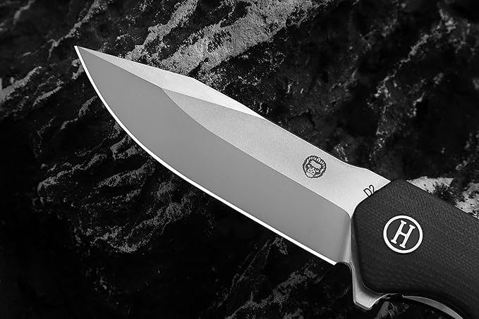 Holtzman's Gorilla Survival Folding Knife D2 Steel Blade G10 Handle Pocket Knife EDC Giftset for Men and Women (half stonewashed half silver blade + black handle)