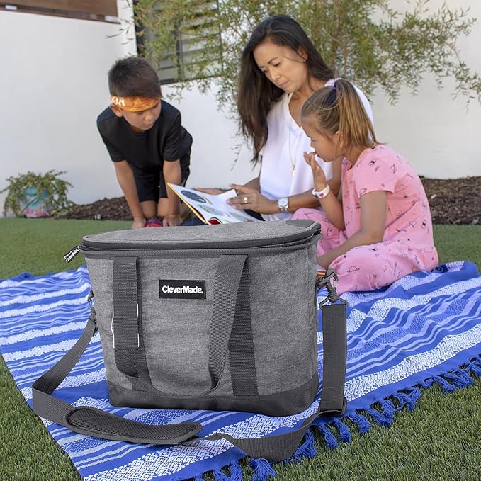 CleverMade Collapsible Cooler Bag, 30 Can Beach & Travel Car Cooler, Folding, Shoulder Strap, Bottle Opener, Great Car Coolers for Travel, Cleans Easy, Leak Proof Bag [Heather Cool Gray/Shadow Gray]