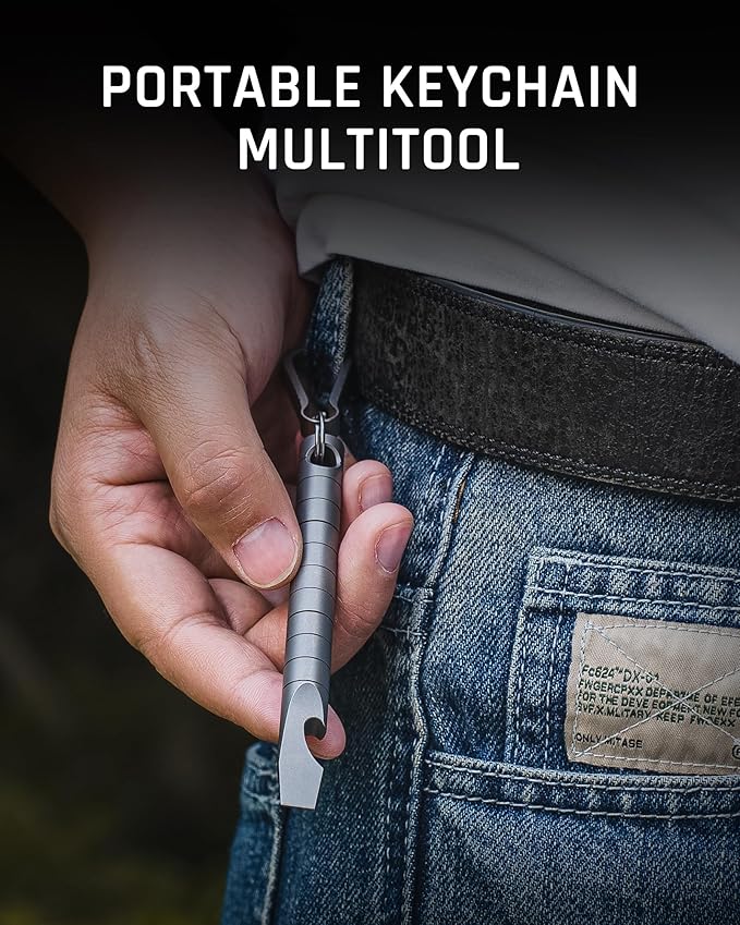 TISUR Titanium EDC Pry Bar, Keychain Prybar Multitool With Bottle Opener, 6 in 1 Portable Pocket Mini Crowbar Tool (Grey)