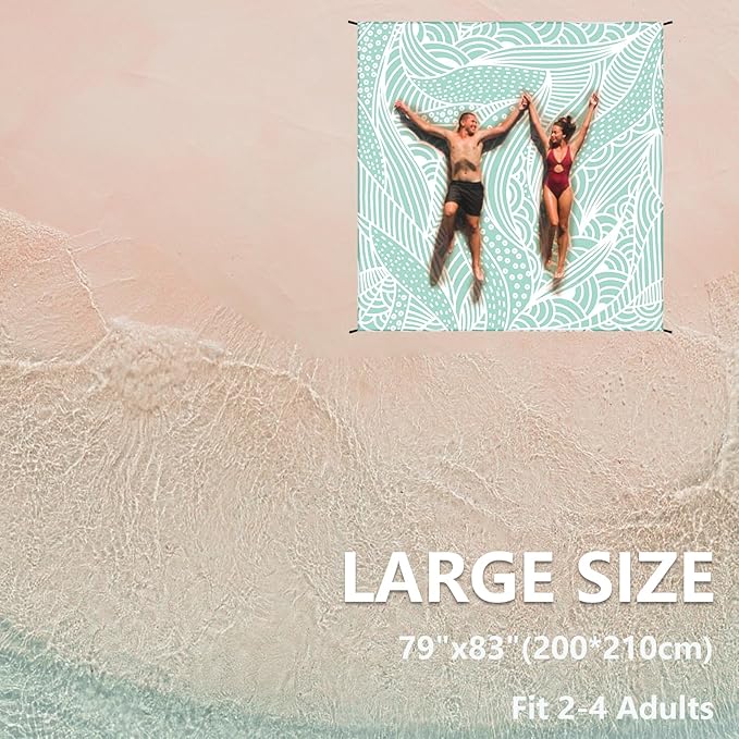 Beach Blanket, Sandproof Beach Mat, Waterproof Quick Drying Lightweight Outdoor Picnic Mat 79" X 83" for 2-4 Adults with Pocket for Travel, Camping, Hiking