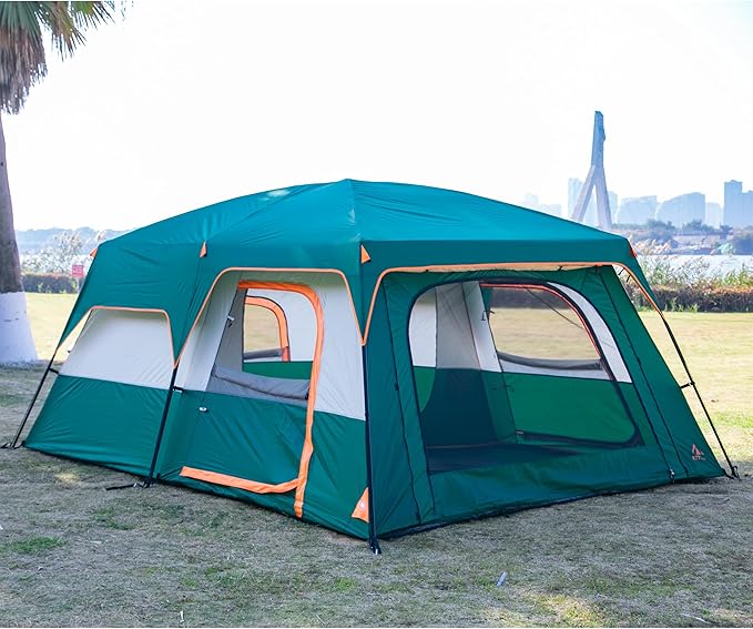 KTT Extra Large Tent 10-12-14 Person(A),Family Cabin Tents,2 Rooms,3 Doors and 3 Windows with Mesh,Straight Wall,Waterproof,Double Layer,Big Tent for Outdoor,Picnic,Camping,Family Gathering