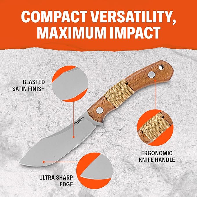 Condor Tool & Knife Mountaineer Trail Knife | Hunting Knife | 440C Stainless Steel Full Tang Knife with a Walnut Handle and Hand Crafted Welted Leather Sheath | 4.14in Blade | 7.76oz (3.5mm Thick)