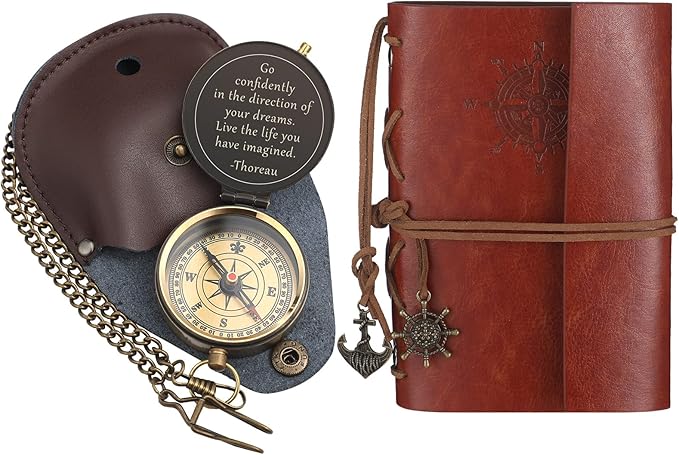 Kanayu 2 Pcs Compass Graduation Gift Compass with Stamped Leather Case and Leather Journal Notebook High School College Graduation Gifts for Him