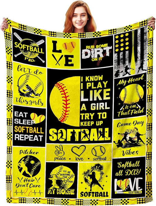 Softball Blanket Gifts for Girls Women Men Team,Soft Cozy Sport Softball Blankets and Throws Bed Bedding Outdoor,Funny Softball Gifts for Kids Boys Softball Lovers 60"x50"
