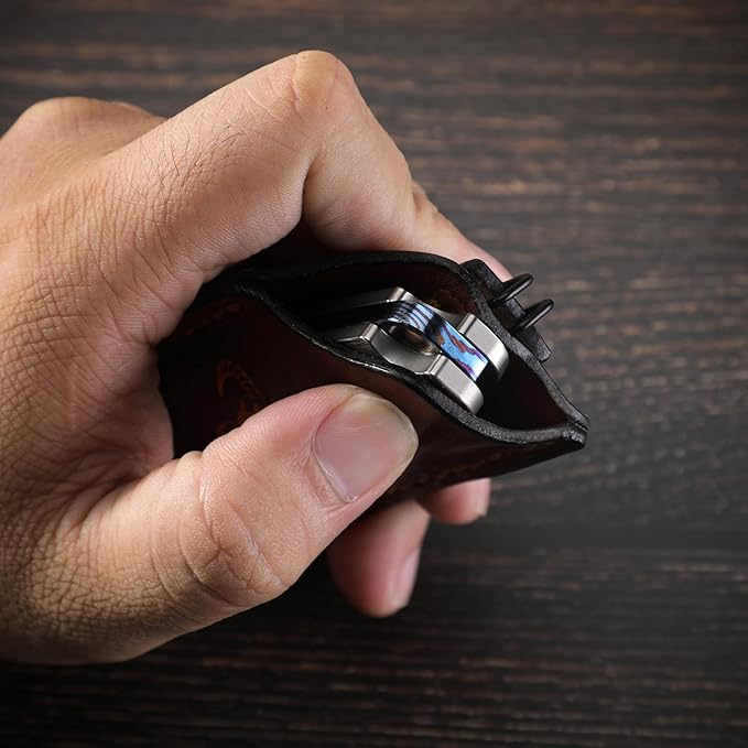 Knife Denka C02 Thumb Stud Knife,2.6" M390 Steel Satin Pocket Knife,3.35" Titanium Handle Folding Knife with Leather Sheath(grey & Leather Sheath)