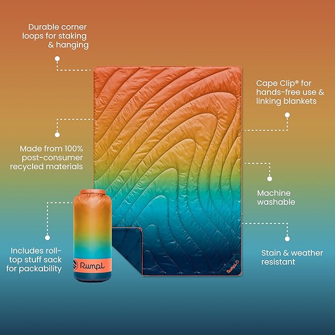 Rumpl Original Puffy Blanket - Warm Puffy Camping Blanket, 100% Recycled Polyester Insulation, Lightweight, Packable, Water-Resistant, Outdoor Puffer Blanket, 52"x75", Baja Fade