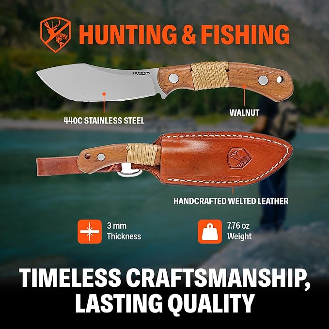 Condor Tool & Knife Mountaineer Trail Knife | Hunting Knife | 440C Stainless Steel Full Tang Knife with a Walnut Handle and Hand Crafted Welted Leather Sheath | 4.14in Blade | 7.76oz (3.5mm Thick)