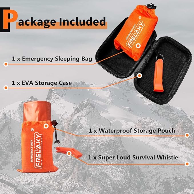 Frelaxy Emergency Sleeping Bag 1-Pack/2-Pack, Extra-Thick Compact Survival Bivy with Whistle, Storage Pouch, and EVA case, Perfect for Survival Kits