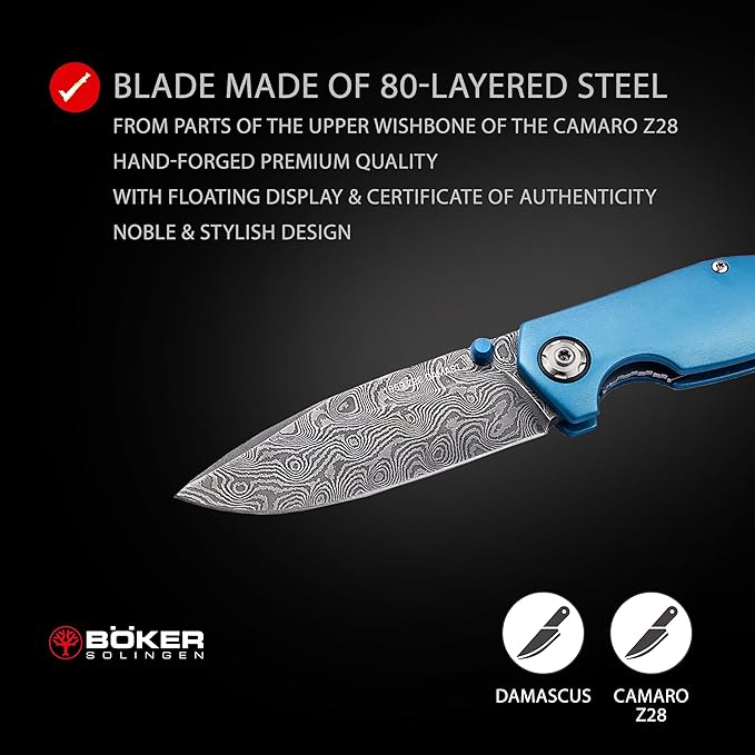Boker Solingen® 1969 Z28 Damascus pocket knife - Damascus EDC folding knife with blue aluminum handle - linerlock knife with clip in Camaro design - handcrafted EDC knife in case with gift box