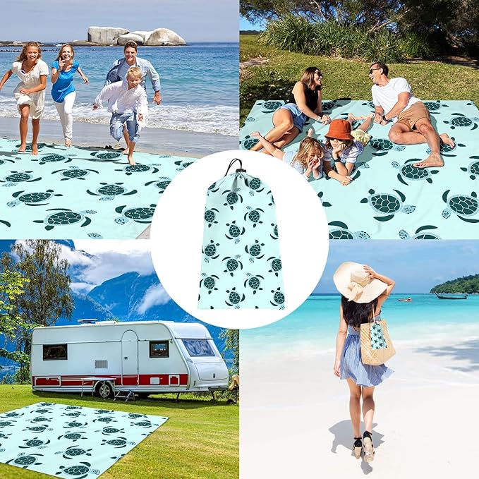 Beach Blanket Waterproof Sandproof, 6.5'x7.2' Extra Large Sand Free Beach Mat 1-4 Adults, Lightweight Portable Outdoor Beach Accessories w/ 4 Stakes for Picnic, Camping, Vacation - Green Baby Turtle