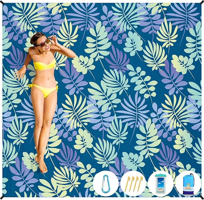 BYDOLL Beach Blanket Sandproof Waterproof Leaves 78''×81''1-4 Adults Compact Lightweight Oversized Beach Blanket Large Picnic Mat Blanket for Travel Camping Hiking Picnic