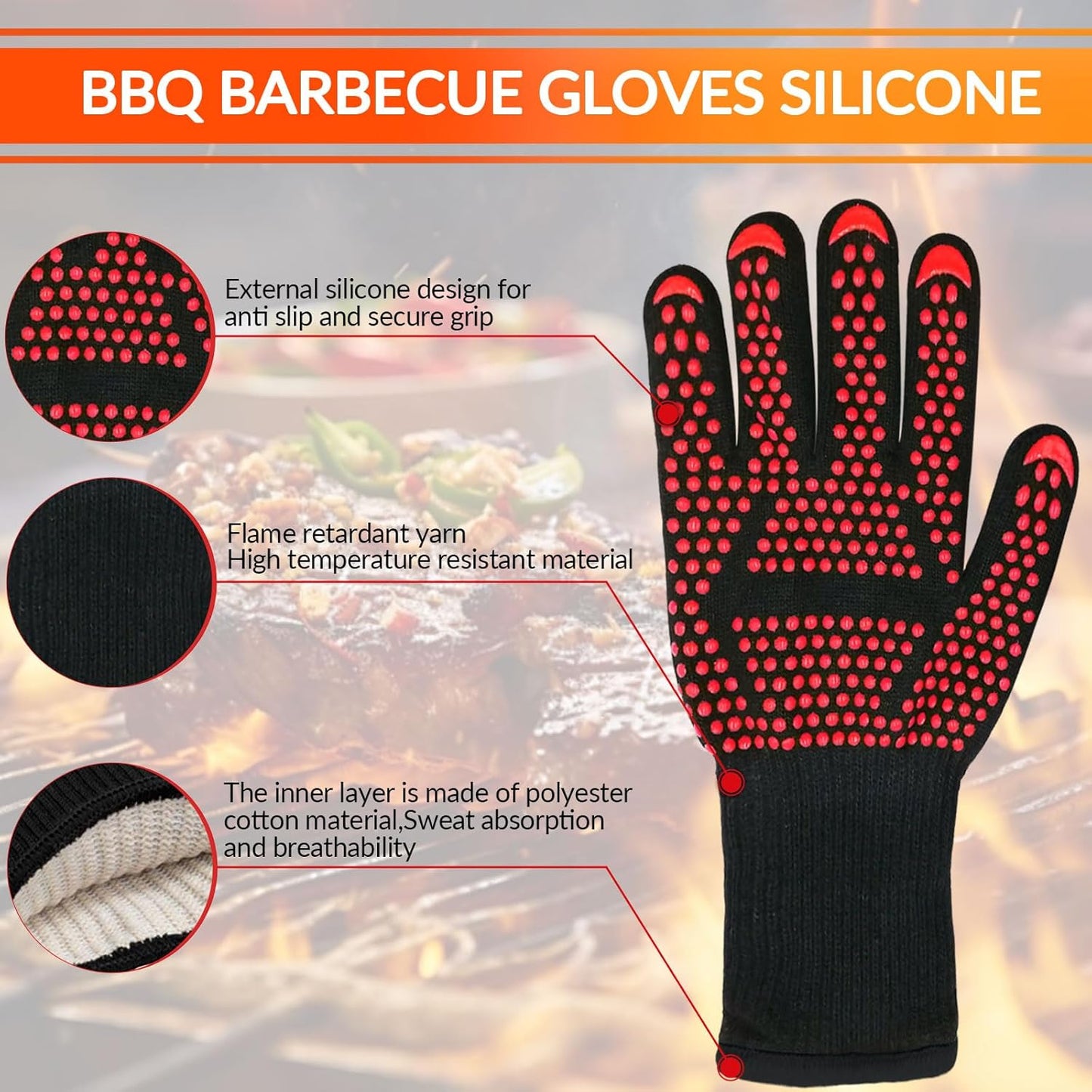 1 Pair Grill Oven Mitts, 1472°F Heat Resistant BBQ Gloves for Cooking, Non-Slip Silicone Oven Gloves, Barbecue Grill Gloves BBQ Mitts (Red-Arrow Pattern)