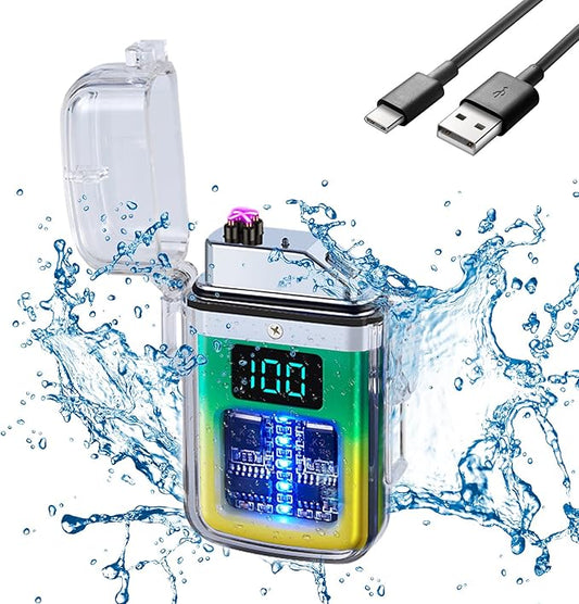 Electric Rechargeable Lighter Transparent Waterproof Dual Arc Plasma Lighter Type-C Rechargeable Lighter Outdoor Windproof Lighter for Outdoor,Camping,Candle and Survival(Yellow and Green)