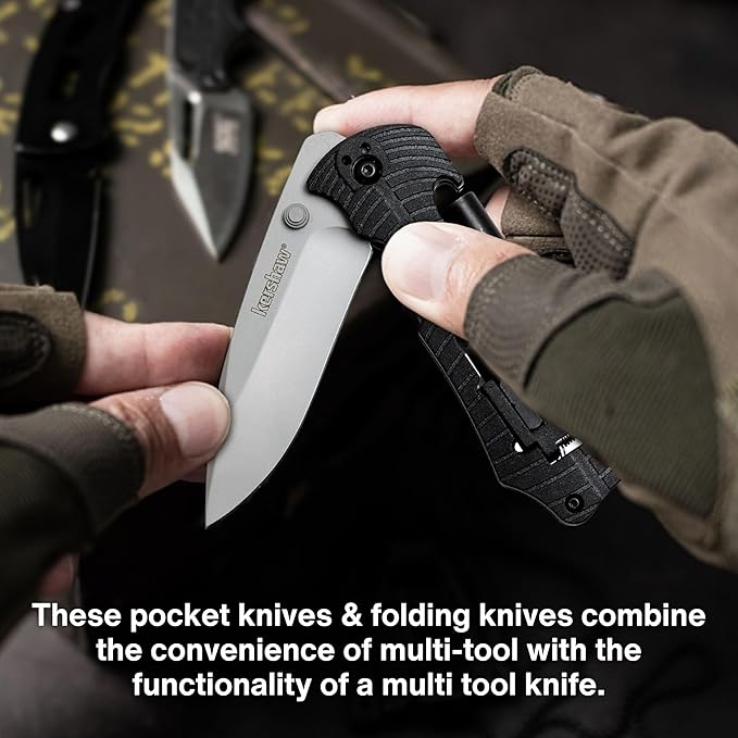 Worldwide Nutrition Bundle: Kershaw Select Fire Multi-Function Pocket Knife, 4-piece Bit Set and Driver, 3.4" 8Cr13MoV Steel Blade, Manual Washer Folding EDC and Multi-Purpose Key Chain