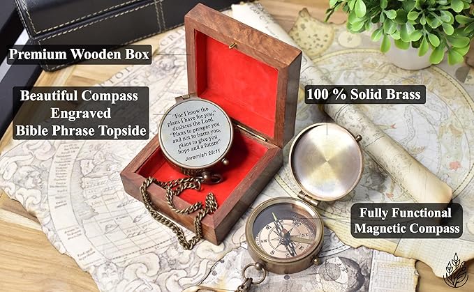 Handmade Portable Antique Brass Chain Compass Engraved with Wooden Box Men's & Women's Hiking Camping Use and Pirate Accessories