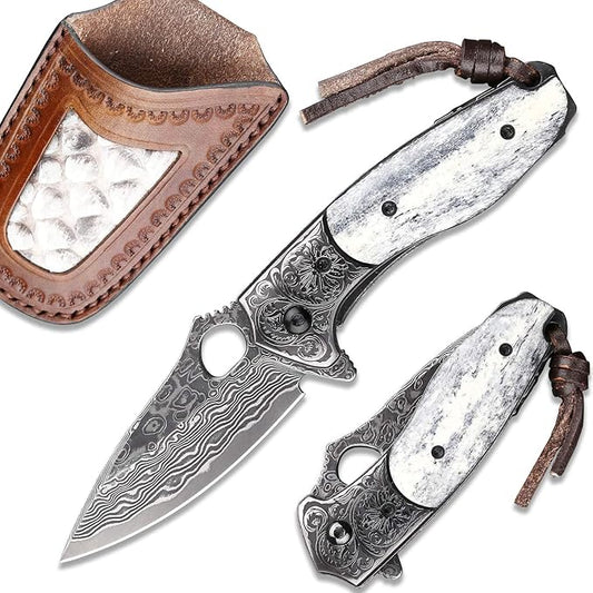 handmade damascus steel pocket knife with leather sheath,liner lock bone handle,japanese vg10 core 2.8in blade,folding knives for camping and fishing,edc for men and women