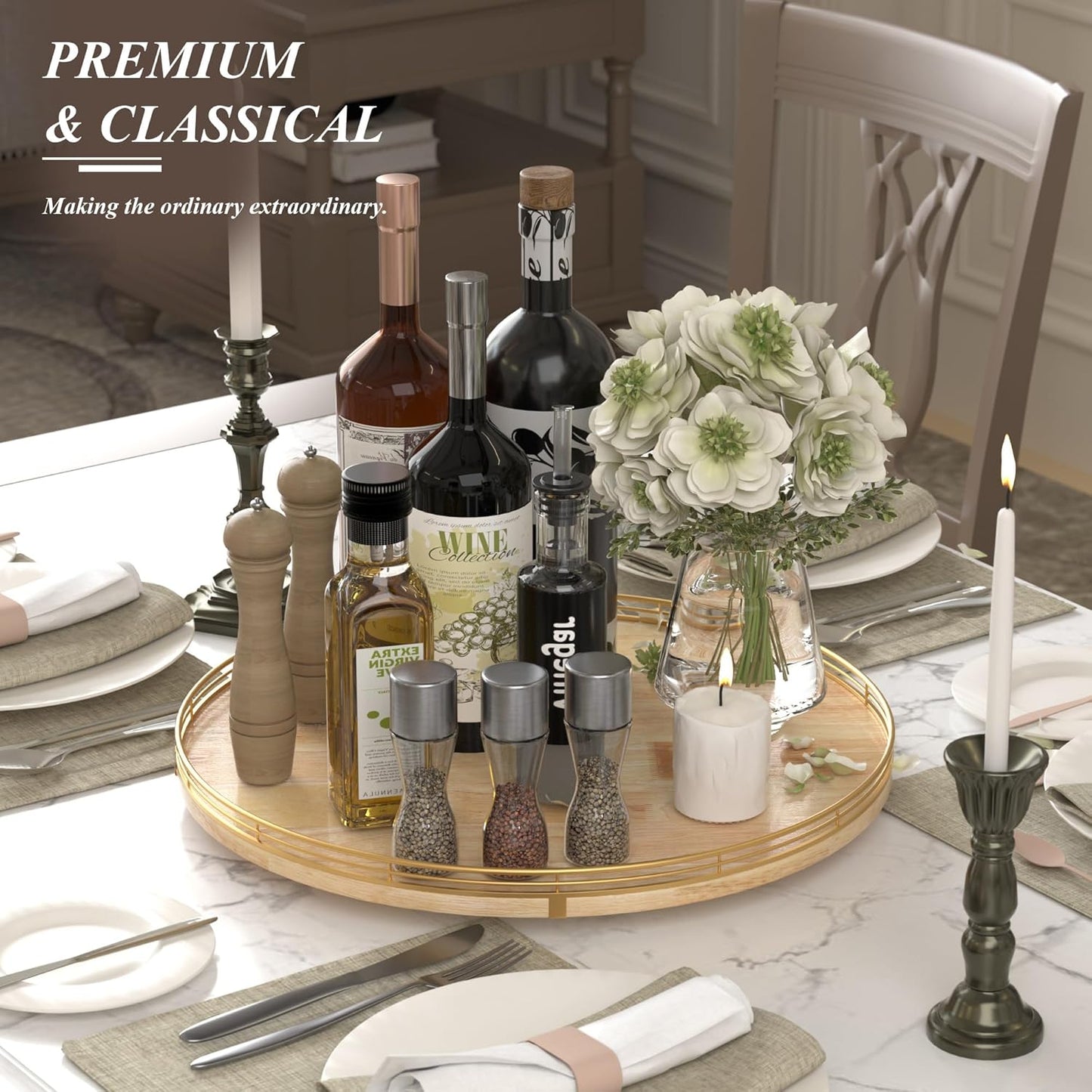 18 Inch Rustic Lazy Susan Turntable – Solid Oak & Iron Wood Rotating Tray for Dining Table, Kitchen Counter, Coffee Table – Farmhouse Style Large Wooden Lazy Susan Organizer for Home Décor