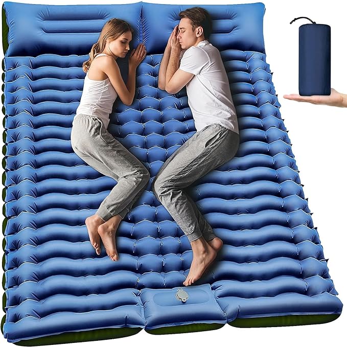 Double Sleeping Pad - Self Inflating Sleeping Mat 4" Extra-Thick for 2 Person with Pillow Built-in Foot Pump Camping Pad for Backpacking, Hiking, Traveling, Tent, Portable Camping Mat