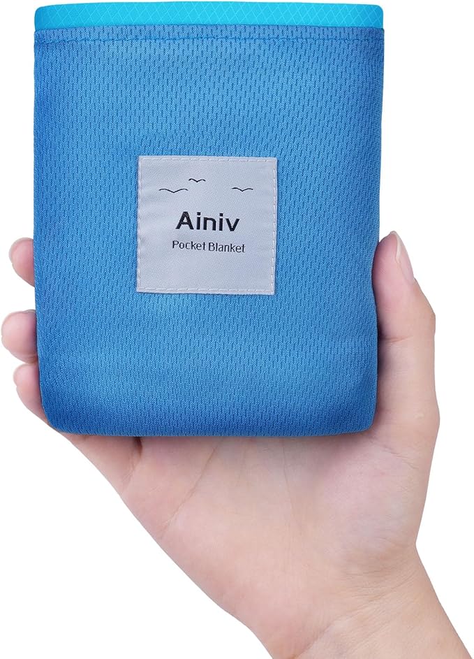 Ainiv Picnic Blanket, Mini Pocket Beach Mat 55.1 x 70.8IN (3-5 People) Foldable, Lightweight Waterproof Sand Free, Foldable Thin Ground Sheet for Outdoor Camping Hiking Travel - with Hand Strap